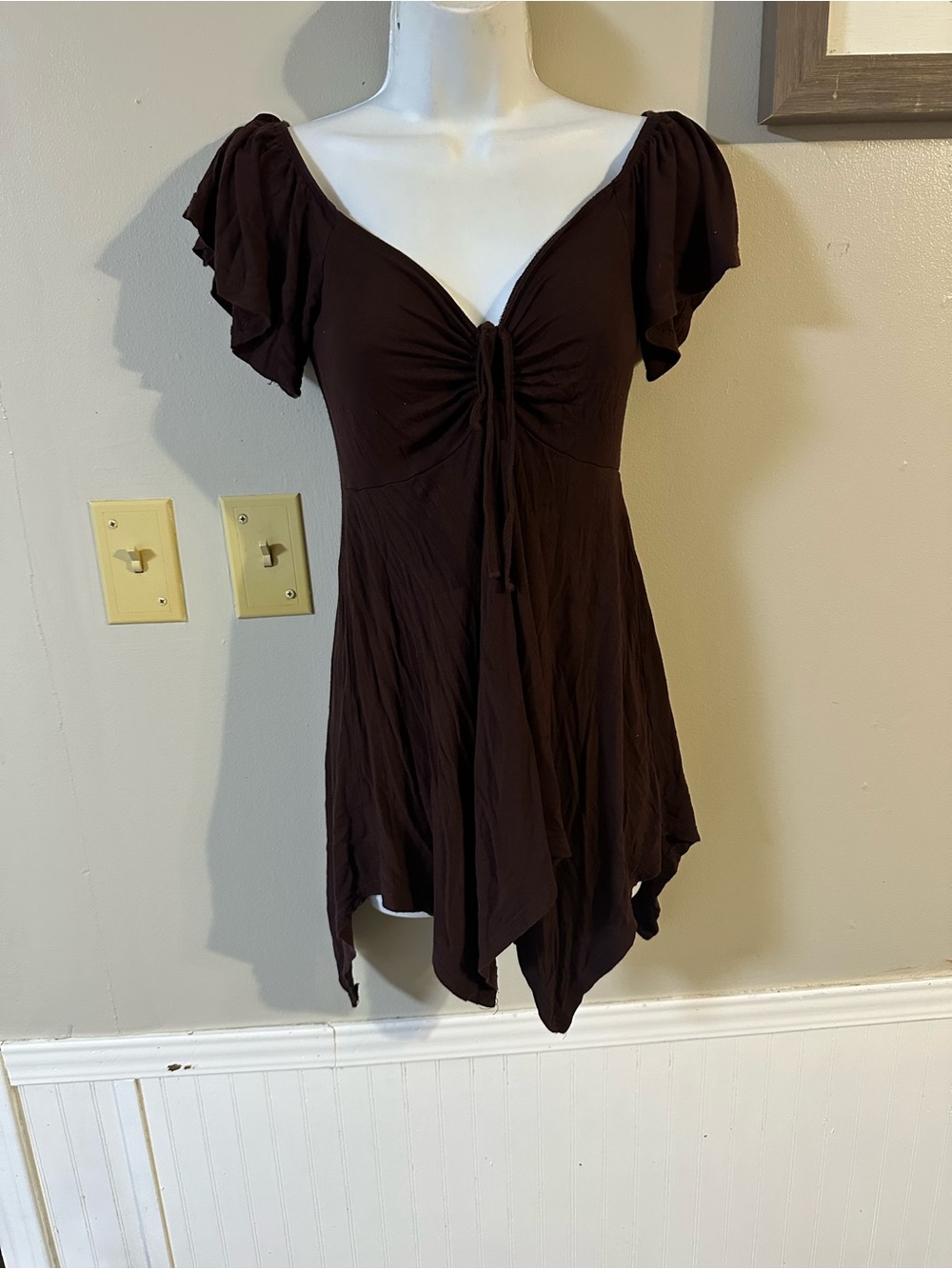 Women’s Brown Tie-Front Flutter Sleeve Tunic